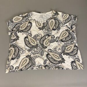 Croft & Barrow Classic Tee Paisley Print Short Sleeve Top Blouse 2X Beige‎ Black